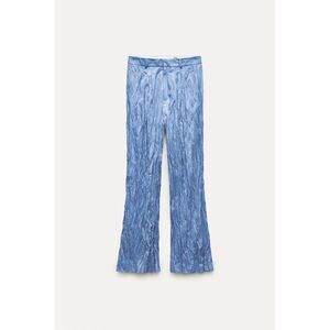 Blue Zara Textured Pleated Mid-Waist Wide Leg Trousers Pants (NWT)